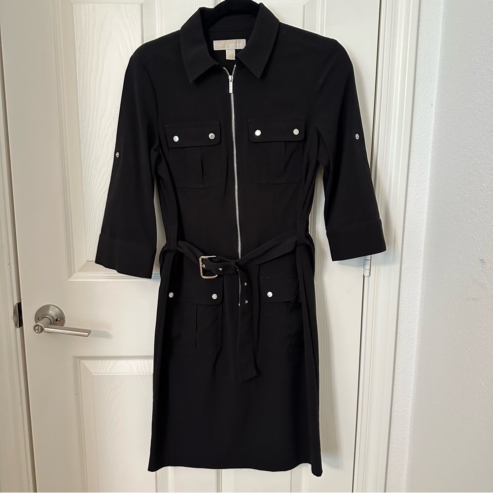 Michael Kors Roll Sleeve Belted Knee-Length Shirtdress - Black, Size S